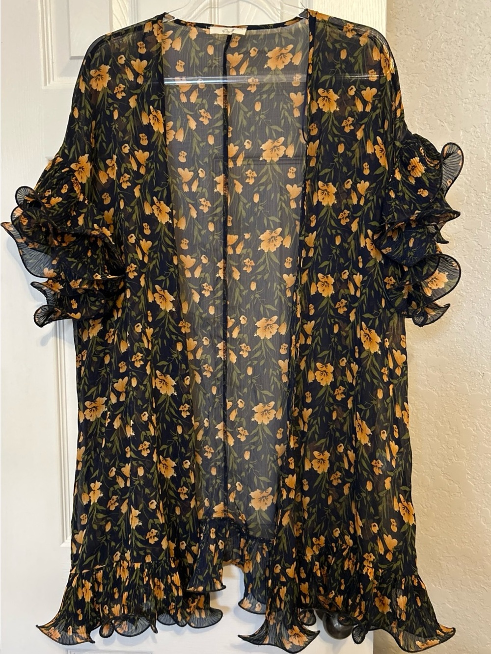 Sheer Floral Ruffle Kimono